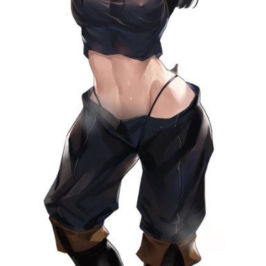 arknights, dobermann (arknights), chong (547342983), animal ears, armpits, arms up, blush, boots, breasts, covered nipples, dog ears, dog girl, dog tail, female, full body
