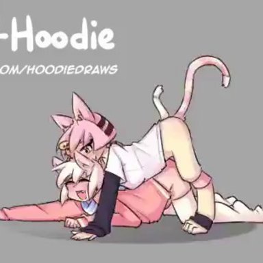 max (hoodie), hoodie (artist), 2boys, anal, anal penetration, anal sex, animal humanoid, blush, bottomless male, cat ears, cat tail, clothed sex, clothing, cum, cum in ass