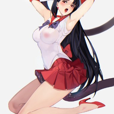 sailor mars, bobobong, armpits, arms behind head, arms up, back bow, bangs, blush, bow, covered nipples, detached sleeves, earrings, female, full body, high heels
