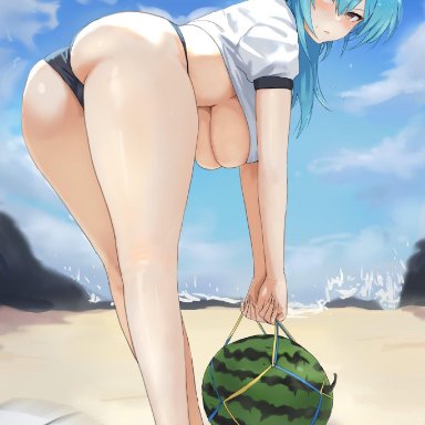 genshin impact, eula (genshin impact), dolri, ass, beach, bent over, big ass, big butt, blue hair, breasts, dat ass, female, female only, hanging breasts, large breasts