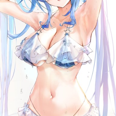 hololive, yukihana lamy, mugiusagi, 1girls, ahoge, armpits, arms behind head, arms up, bangs, bare arms, bikini, blue bikini, blue hair, blush, breasts