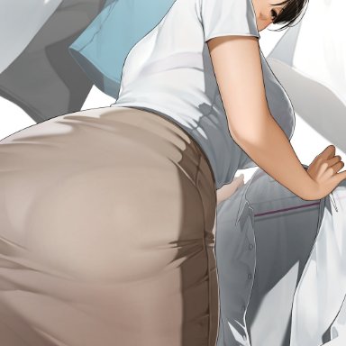 original, original character, sakuranotomoruhie, 1girls, ass, ass focus, bangs, black eyes, blouse, blush, breasts, brown hair, brown skirt, female, from behind