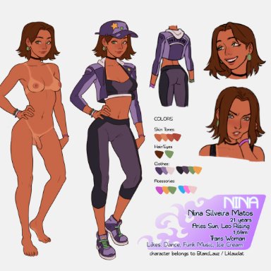 nina (blanclauz), blanclauz, areolae, balls, breasts, brown hair, clothed, clothing, flaccid, fully clothed, futa only, futanari, human, light skin, nipples