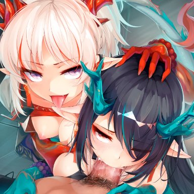 arknights, dusk (arknights), nian (arknights), ricegnat, 1boy, 2girls, bangs, bead bracelet, beads, black hair, blue hair, bracelet, braid, breasts, dragon horns