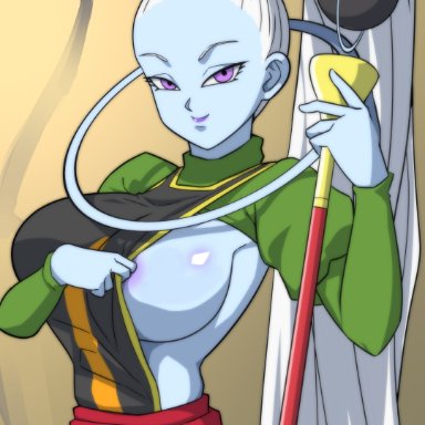 dragon ball, dragon ball super, vados, etzel, 1girls, blue skin, breasts, cleavage, clothes pull, colored skin, cropped shirt, dress, green dress, halo, holding