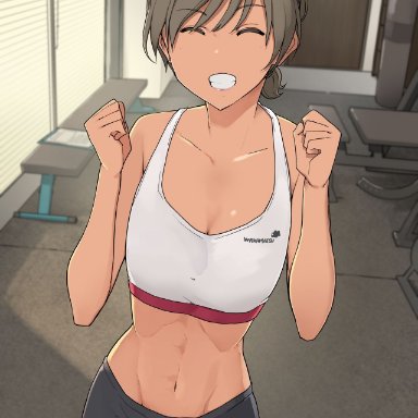 original, wakamatsu372, 1girls, abs, breasts, brown hair, cleavage, closed eyes, clothing, female, fitness, gym clothes, happy, looking at viewer, mature female