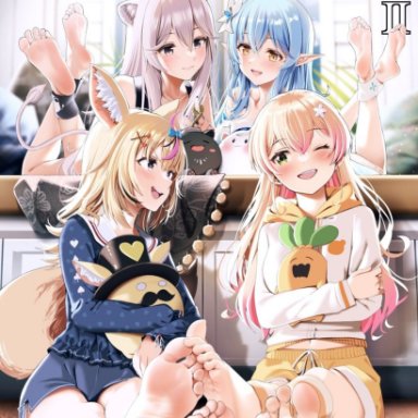 hololive, momosuzu nene, omaru polka, shishiro botan, yukihana lamy, casino (casinoep), 4girls, barefoot, elf, feet, female only, foot fetish, foot focus, multiple girls, smile