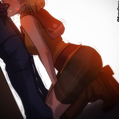 resident evil, resident evil 4, ashley graham, bang dacy, 1boy, blonde hair, blush, boots, fellatio, female, from side, head out of frame, heart, implied fellatio, knee boots