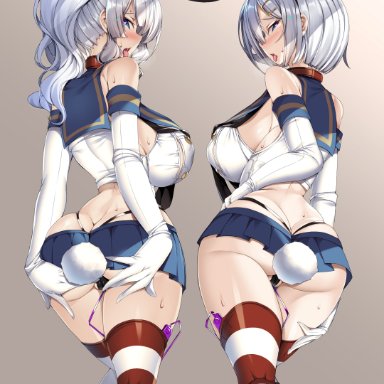 kantai collection, torisan, 2girls, anal, anal object insertion, anal tail, ass cleavage, ass grab, bangs, black panties, blue eyes, blue sailor collar, blue skirt, blush, breasts