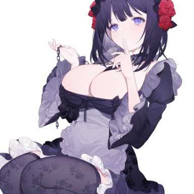 sono bisque doll wa koi wo suru, kitagawa marin, kuroe shizuku (cosplay), miyukiiiii, 1girls, black hair, breasts, chains, cleavage, cosplay, female, female only, gothic lolita, large breasts, looking at viewer