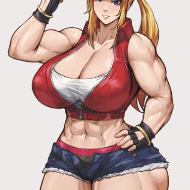 fatal fury, king of fighters, terry bogard, batako, 1girls, abs, big breasts, blonde hair, blue eyes, breasts, busty, cap, cleavage, curvaceous, curves
