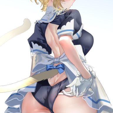 genshin impact, lumine (genshin impact), pottsness, 1girls, animal ears, black panties, blonde hair, breasts, butt crack, cat ears, cat tail, dress, gloves, hair ornament, looking at viewer