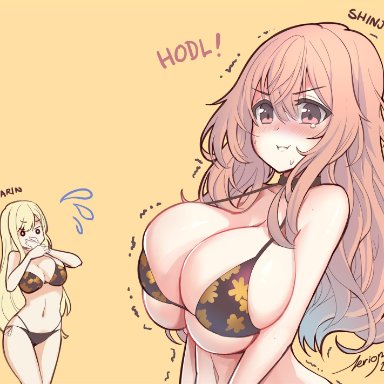 sono bisque doll wa koi wo suru, inui sajuna, inui shinju, kitagawa marin, zerion, 3girls, big breasts, bikini, bra, breast size difference, cleavage, female only, flat chest, huge breasts, ill fitting clothing