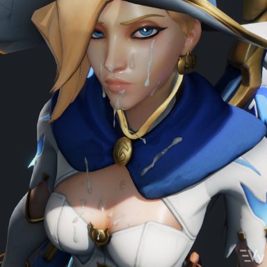 blizzard entertainment, overwatch, mercy, vulpeculy, 1girls, alternate costume, clothed, clothing, cum, cum inside, cum on body, cum on breasts, cum on face, female, female focus