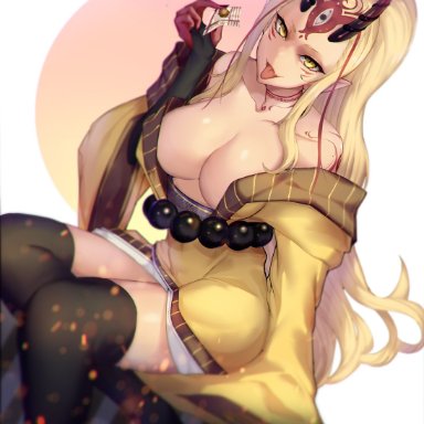 fate/grand order, fate (series), ibaraki douji (fate/grand order), satou daiji, 1girls, aged up, blonde hair, blush, breasts, demon, demon girl, facial markings, female, female only, gold eyes