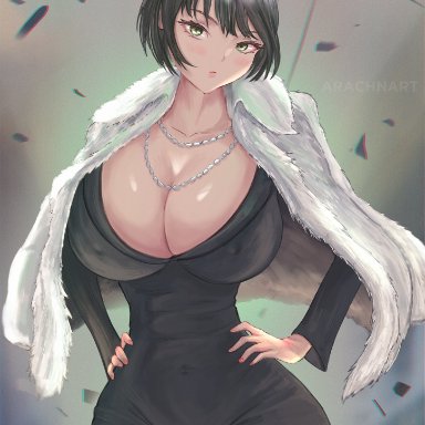 one-punch man, fubuki (one-punch man), arachnart, 1girls, belly, belly button, big breasts, blush, blushing, cameltoe, cleavage, coat, curvy, curvy female, curvy figure