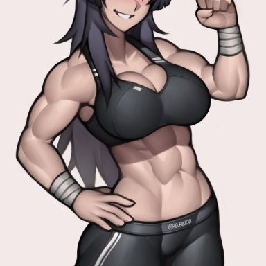 kengan ashura, kure karla, rd-rn, abs, black hair, black sclera, breasts, colored sclera, cowboy shot, female, flexing, grey background, grey eyes, hair between eyes, hand on hip