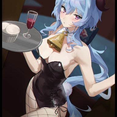 genshin impact, ganyu (genshin impact), retty2706, 1girls, alcohol, bare arms, bare shoulders, black leotard, blue hair, bow, breasts, bunny tail, cleavage, fake tail, female
