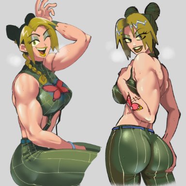 jojo's bizarre adventure, stone ocean, jolyne kujo, gg8473, 1girls, ass, biceps, big ass, big breasts, big butt, braid, braided hair, breasts, butterfly tattoo, curvy