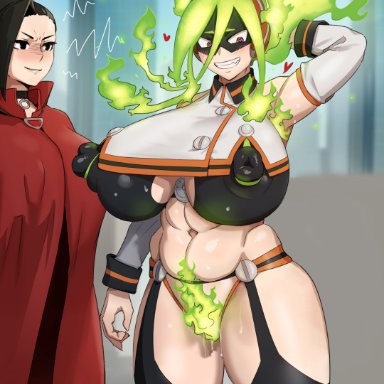 my hero academia, burnin (my hero academia), momo yaoyorozu, kunaboto, big breasts, blush, curvaceous, curvy, erect nipples, female, female pubic hair, fire, green hair, grin, happy