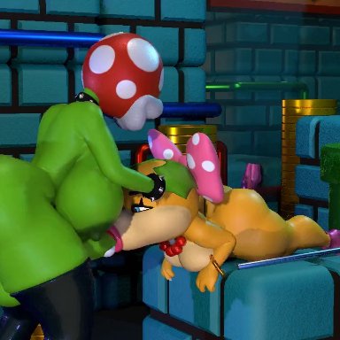 mario (series), nintendo, super mario bros., piranha plant, wendy o. koopa, wyerframez, 1futa, 2girls, areola, areola slip, ass, big ass, breasts, cum, cum in mouth