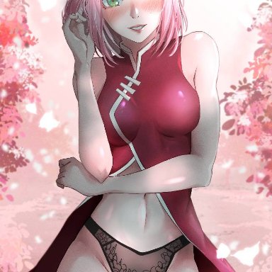 boruto: naruto next generations, naruto, naruto (series), sakura haruno, aboart, 1girls, bent elbow, blush, bottomless, breasts, cherry blossom, elbow rest, female, female only, field