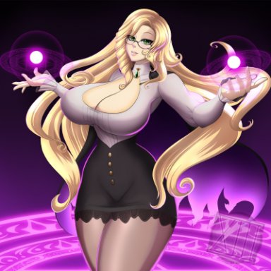 rwby, glynda goodwitch, waifuholic, 1girls, alternate hairstyle, big breasts, blonde hair, bottomwear, braid, breasts, cape, cleavage, clothing, female, female only