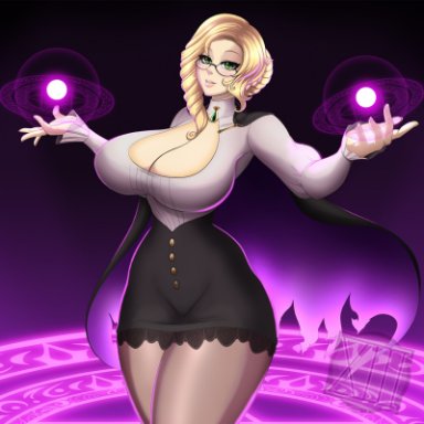 rwby, glynda goodwitch, waifuholic, 1girls, alternate hairstyle, big breasts, blonde hair, bottomwear, braid, breasts, breasts bigger than head, cape, cleavage, clothing, female