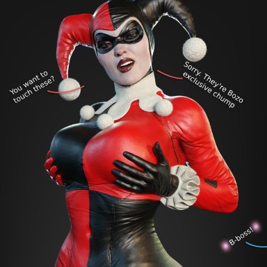 batman (series), dc, dc comics, harley quinn, harley quinn (classic), smitty34, big breasts, grabbing breasts, hands on breasts, holding breast, large ass, large breasts, lifting breasts, looking at viewer, makeup