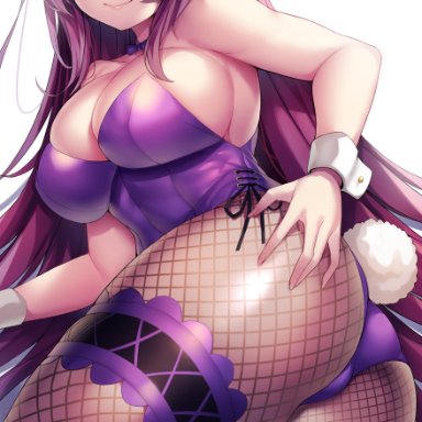 fate (series), scathach (fate), nano 1227, 1girls, breasts, bunny ears, bunny tail, bunnysuit, cleavage, female, female only, fishnet legwear, fishnets, large breasts, looking at viewer