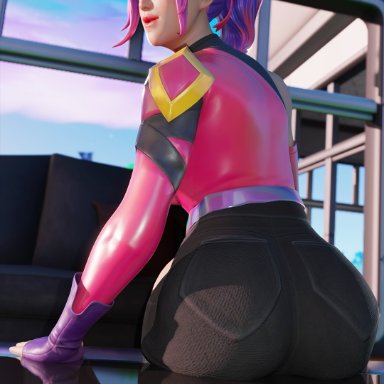 fortnite, tracy trouble (fortnite), vulpeculy, 1girls, sitting, sitting on table, 3d, blender, tagme