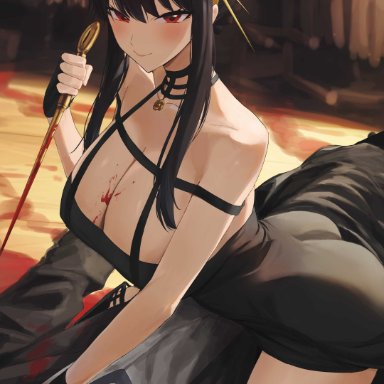 spy x family, yor briar, rororo, 1girls, black hair, blood, breasts, cleavage, female, female only, large breasts, looking at viewer, red eyes, solo, absurd res