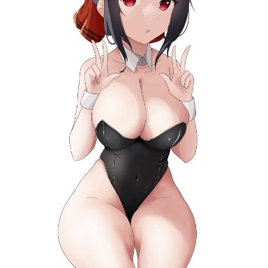 shinomiya kaguya, coro fae, 1girls, alternate breast size, big breasts, black hair, breasts, bunny ears, bunnysuit, cleavage, double v, hair ribbon, huge breasts, large breasts, looking at viewer