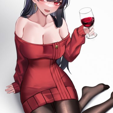 spy x family, yor briar, eternity (shadeh), 1girls, bangs, bare shoulders, black hair, blush, breasts, cleavage, drunk, female, female focus, hairband, large breasts