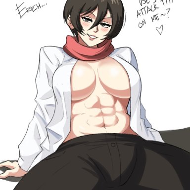 attack on titan, mikasa ackerman, artist request, 1girl, abs, asian female, athletic female, bare midriff, big breasts, black pants, cleavage, implied male, innuendo, inviting, legs