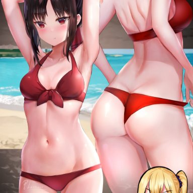 hayasaka ai, shinomiya kaguya, pharmarr, armpits, ass, ass focus, beach, black hair, breasts, cat ears, hands behind head, medium breasts, pose, red eyes, red ribbon