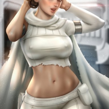 attack of the clones, star wars, padme amidala, ayyasap, 1girls, brown eyes, brown hair, female, female only, midriff, navel, nipples visible through clothing, pinup, tied hair, torn clothes