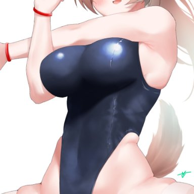 hololive, inugami korone, animal ears, bangs, bare shoulders, blue swimsuit, bone hair ornament, breasts, brown eyes, brown hair, cameltoe, competition swimsuit, dog ears, dog girl, female