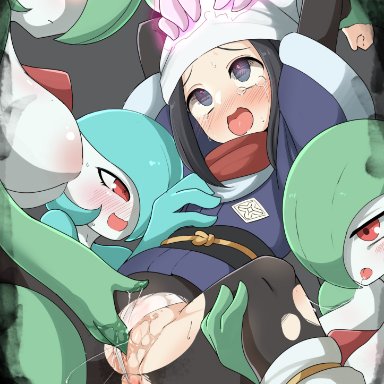 pokemon, pokemon (game), pokemon legends: arceus, akari (pokemon), gardevoir, shiny pokemon, kumasan (kumazonjp), 5girls, ahe gao, anal fingering, black hair, blush, colored skin, dashed eyes, double fingering