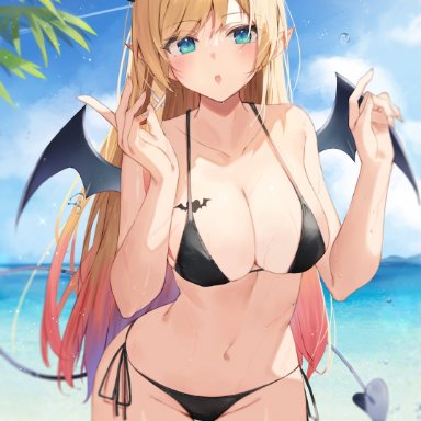 hololive, yuzuki choco, artist request, 1girls, aqua eyes, beach, bikini, black bikini, black swimsuit, blonde hair, blue eyes, breasts, cleavage, demon girl, demon horns