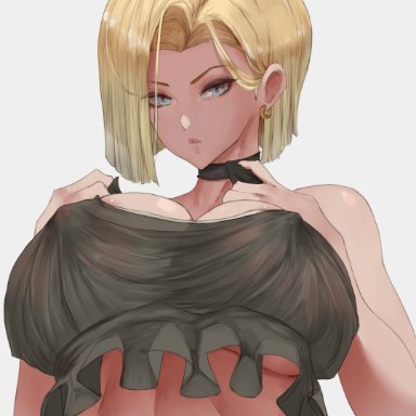 dragon ball, dragon ball z, android 18, araneesama, 1girls, abs, blue eyes, breasts, choker, erect nipples, erect nipples under clothes, female, female only, huge breasts, looking at viewer