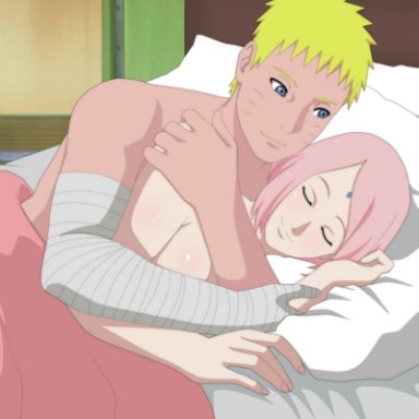 boruto: naruto next generations, naruto, naruto (series), sakura haruno, uzumaki naruto, erotic geek art, 1boy, 1boy1girl, 1girls, after sex, bandaged arm, bed sheet, blue eyes, blush, breasts