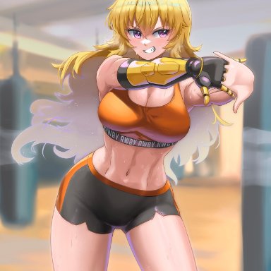 rwby, yang xiao long, burnt green tea, 1girls, blonde hair, gym, gym clothes, gym shorts, muscular female, sweat