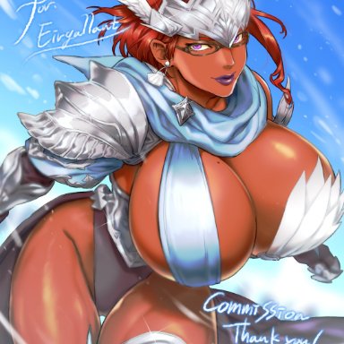 final fantasy, final fantasy xiv, original character, roegadyn, soothing ruby, hnd coco, 1girls, armor, assymetrical clothing, beauty mark, brown skin, cleavage, dark-skinned female, earrings, exposed thighs