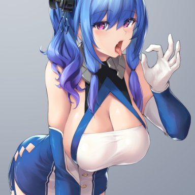 azur lane, st. louis (azur lane), rebutsu, 1girls, ahe gao, blue hair, blush, breasts, cleavage, clothed, clothed female, female, female only, hair ornament, hips