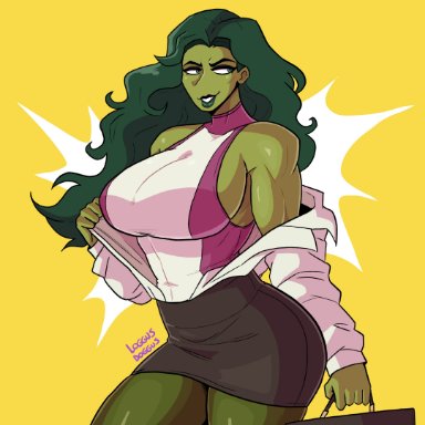 marvel, she-hulk, loggus doggus, big breasts, bodysuit, business suit, business woman, confident, green eyes, green hair, green skin, large breasts, leotard, muscular, muscular female