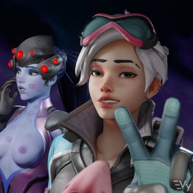 blizzard entertainment, overwatch, tracer, widowmaker, vulpeculy, 2girls, blue skin, exposed breasts, kiss mark, lipstick, lipstick mark, lipstick smear, nipples, smile, smiling at viewer