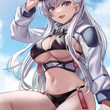 azur lane, belfast (azur lane), wszkii, bikini, jacket, underboob, tagme