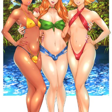 totally spies, alex (totally spies), clover (totally spies), sam (totally spies), suiren ciao, 3boys, bikini, bikini bottom, bikini top, blonde hair, blue eyes, bulge, erect nipples, femboy, girly