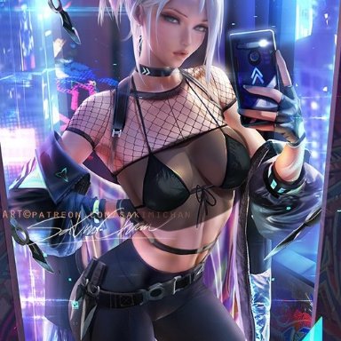 valorant, jett (valorant), sakimichan, 1girls, abs, belly button, bikini top, blue eyes, breasts, cleavage, female, female only, fishnet topwear, hand on hip, hips